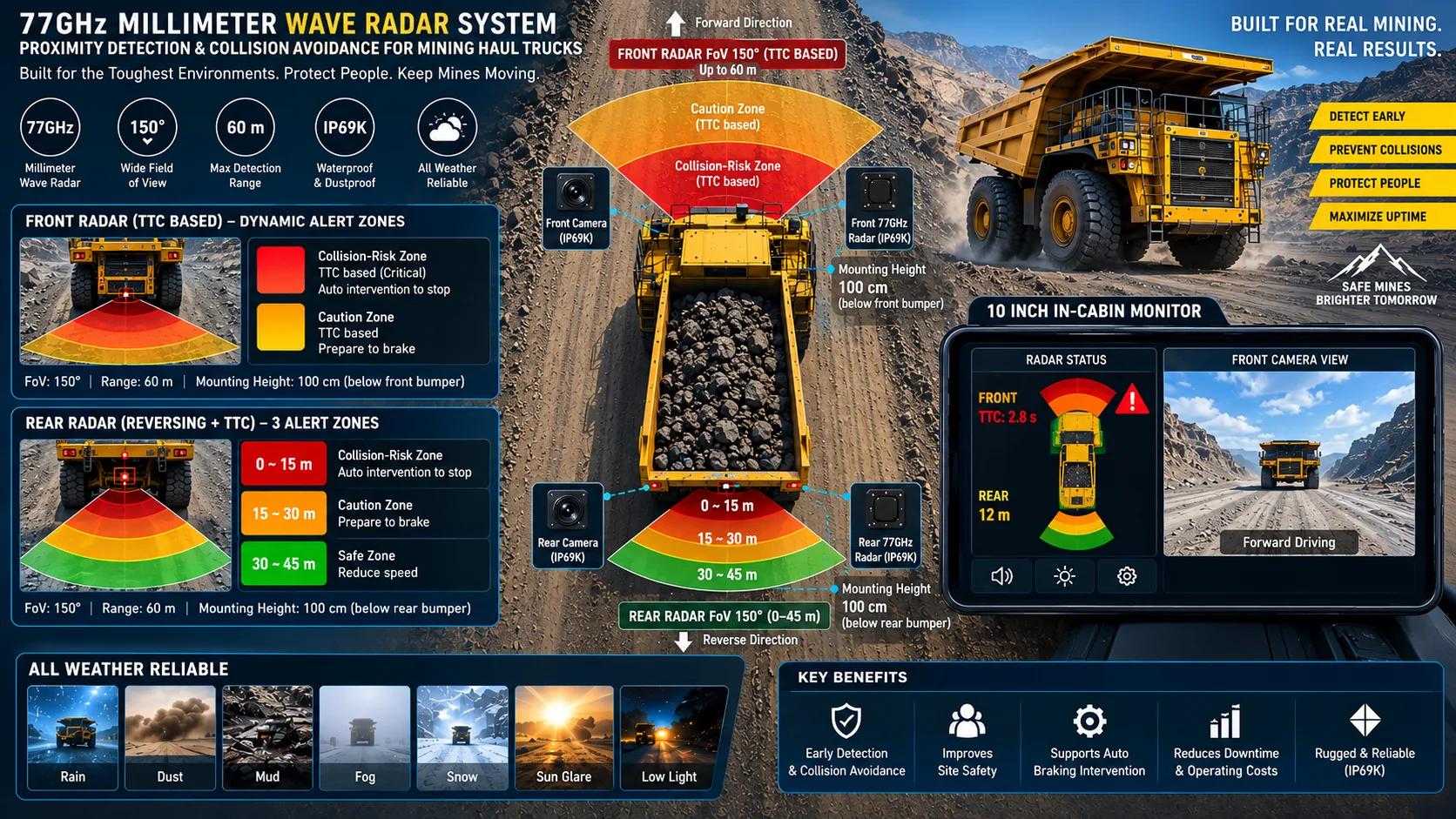Haul truck in low speed workflow, higher-speed  collision-risk edge system diagram